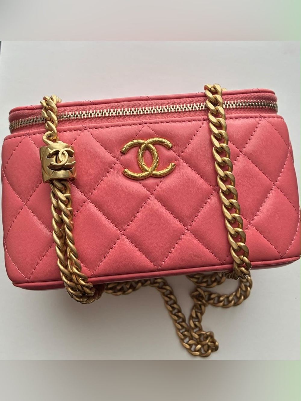 CHANEL Coral Pink Quilted Leather Crossbody with Gold Chain